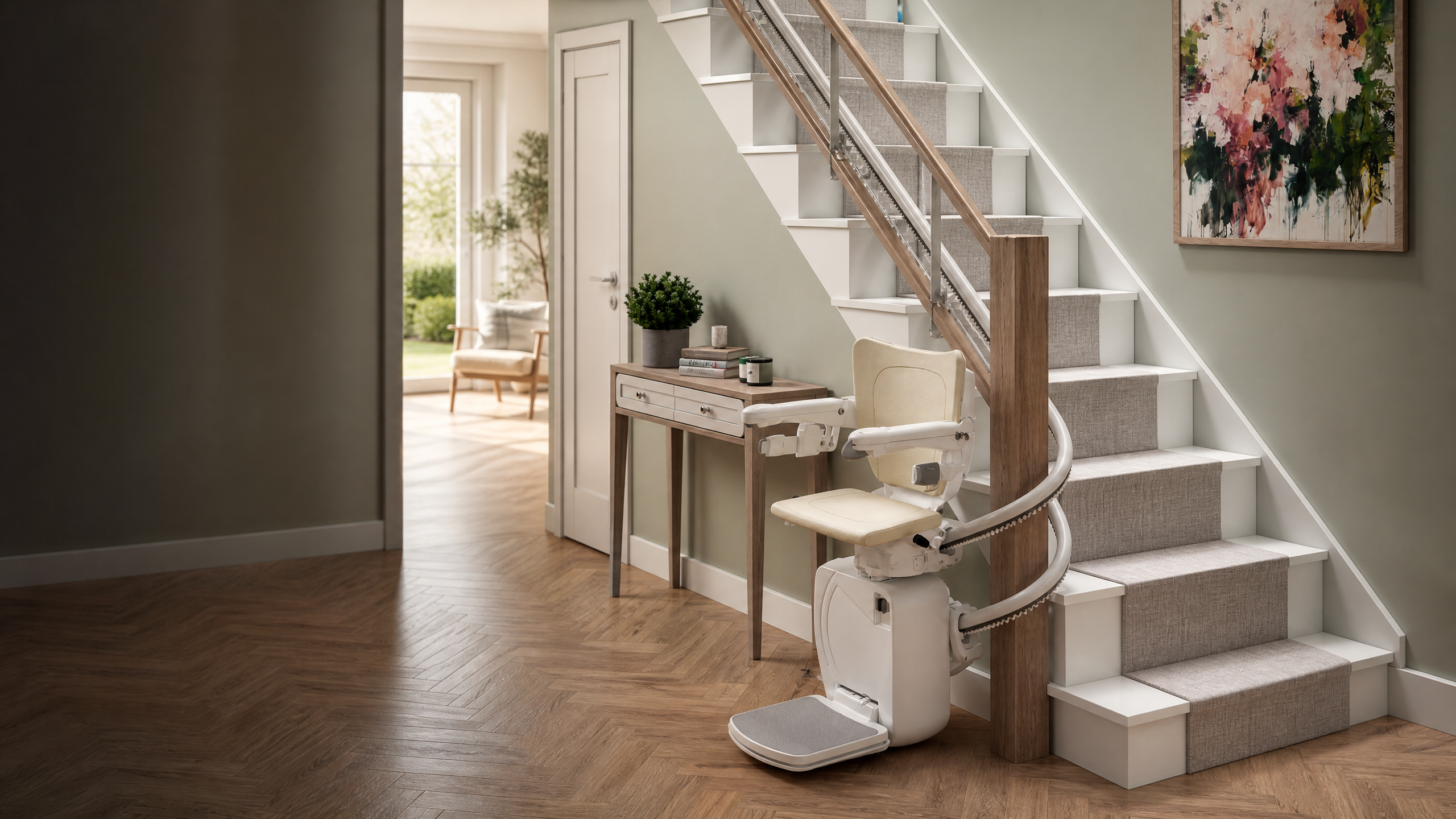 Curved stairlift installed along the inner bannister of a home staircase